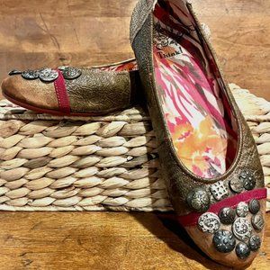 Think! Brown Leather Ballet Flats With Unique Button Coins on Toes, EU 38/US 7.5